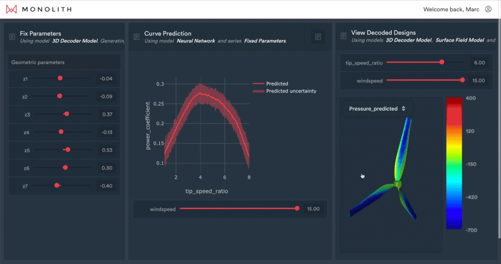 Optimizing a wind turbine design using the Monolith AI platform (Image courtesy: https://www.monolithai.com/)